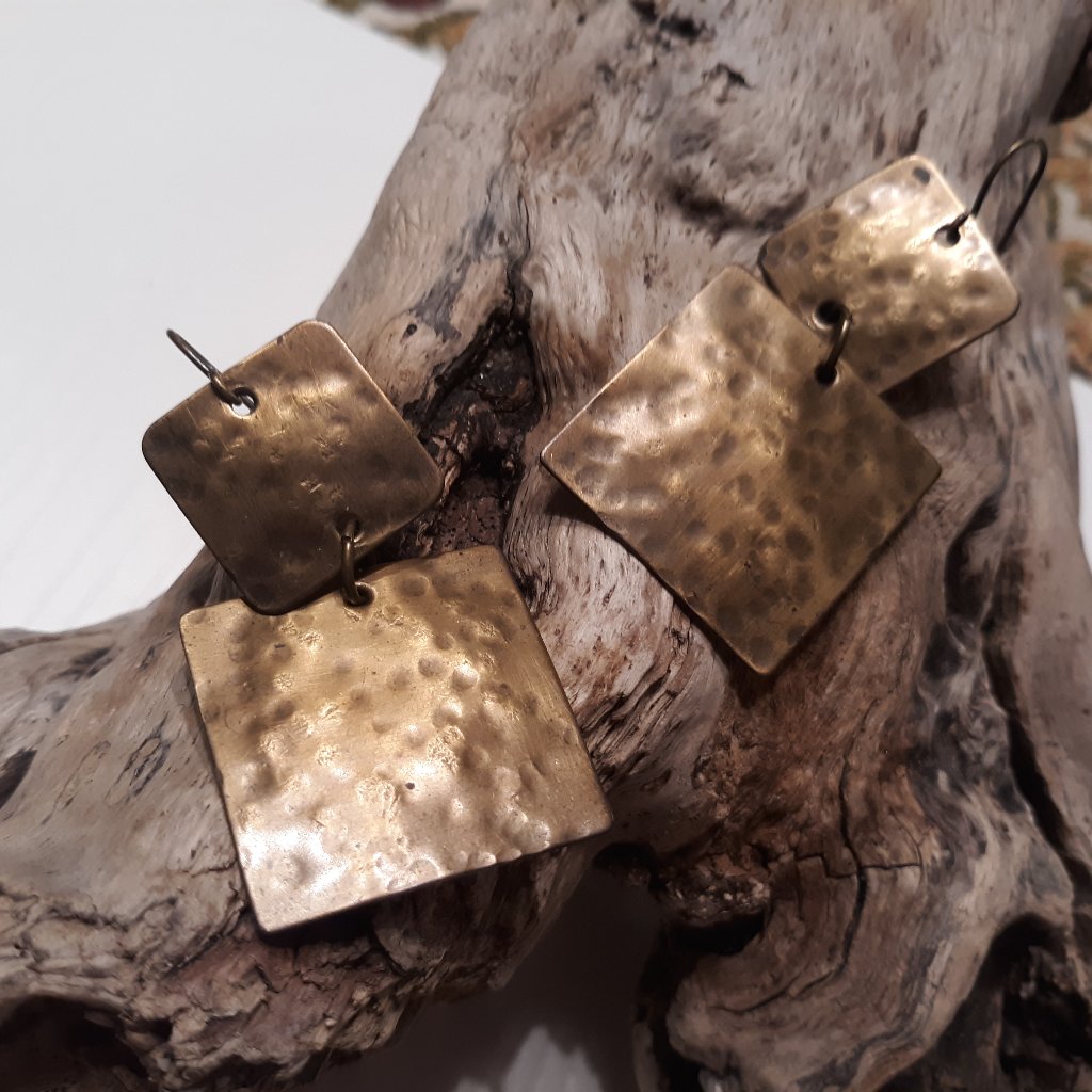 Hammered Oxidized Double Brass Disk Dangle Earrings